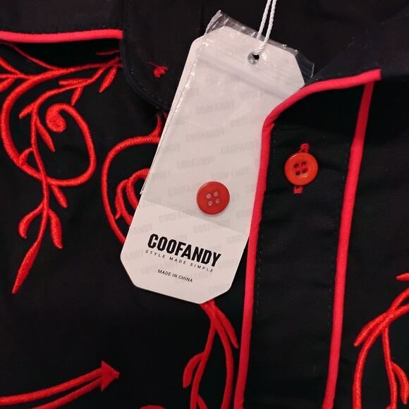 Coofandy Fitted Western Shirt Black with Red Embroidery Sz S - Picture 3 of 6
